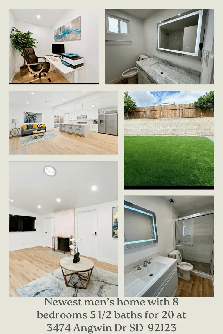 Exterior and rooms of the 3474 Angwin Drive men’s home in Serra Mesa, San Diego