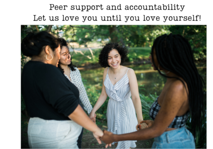 Four women holding hands outdoors with the message Peer support and accountability